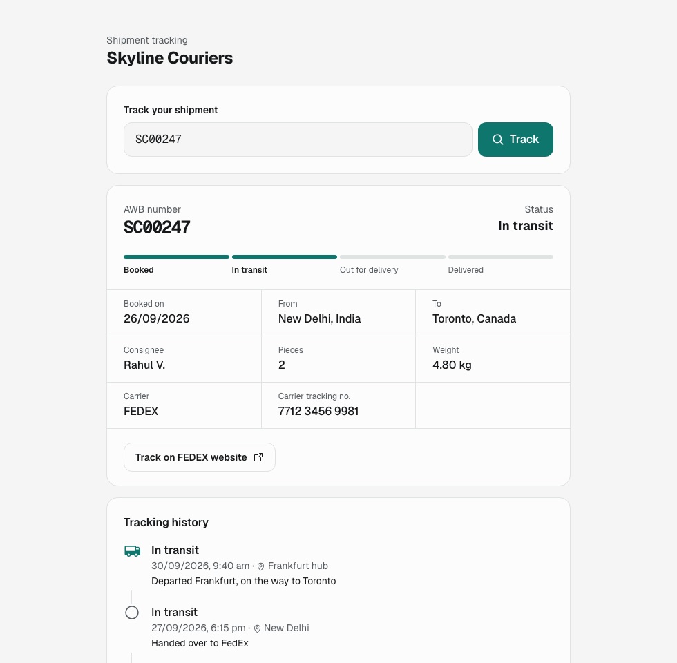 Public tracking page for AWB SC00247 from New Delhi to Toronto, in transit, with a progress bar and tracking history